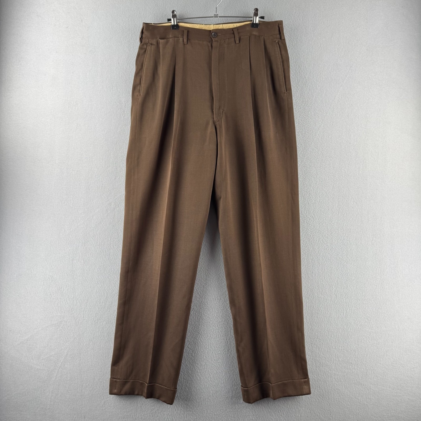 Vintage 50s Drop Loop Pants Mens 34x32 Brown Pleated Trouser Replaced Zipper